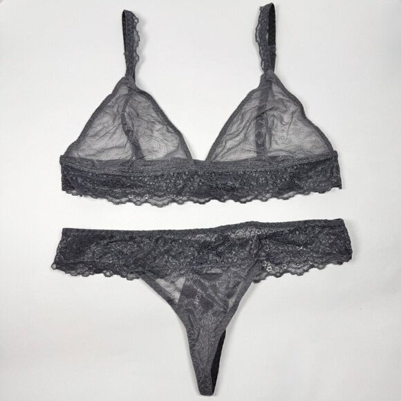 NWT JENNA LEIGH Lace Lingerie Set Triangle Bra Sz.L Thong Panties Sz.M Gray Sexy - Picture 1 of 14